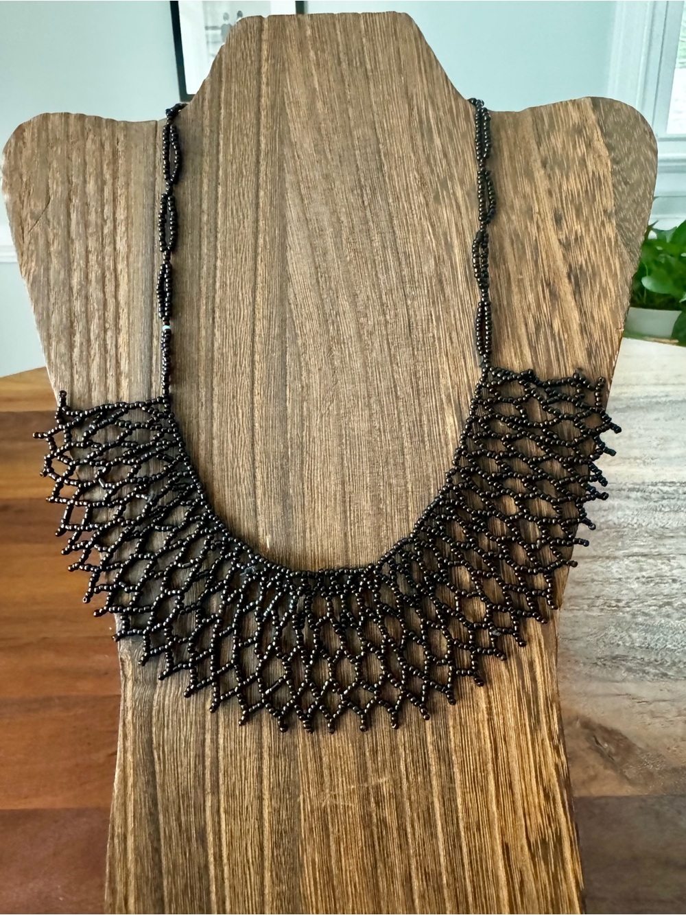 Vintage Black Seed Bead Collar Necklace Fringe Bib Statement Hand Woven
